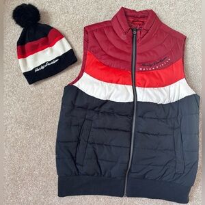 SET Harley-Davidson Women’s Puffer Vest & Pom Beanie Hat Red Black White Orange